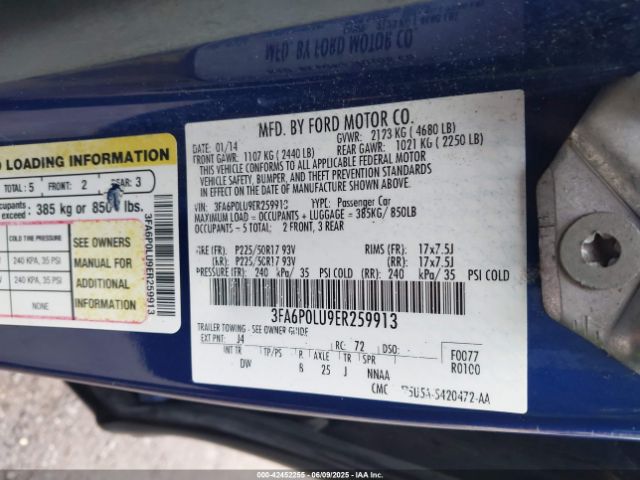3FA6P0LU9ER259913 Ford Fusion Hybrid Se