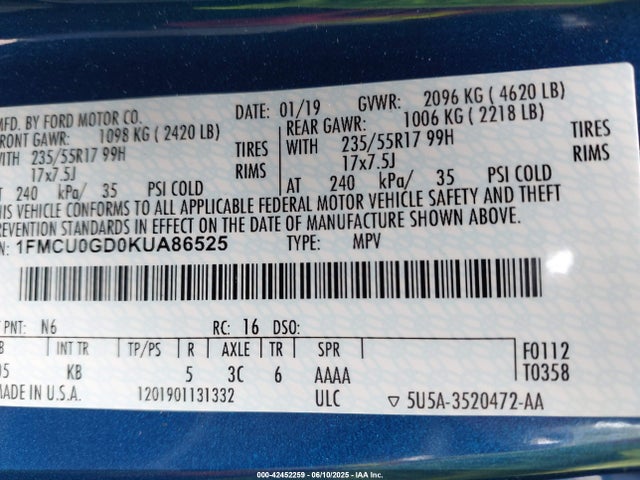 1FMCU0GD0KUA86525 Ford 1.5l gtdi sigma w/premium fuel