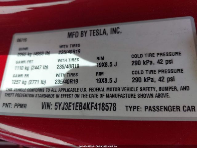 5YJ3E1EB4KF418578 Tesla Model 3 Long Range/performance