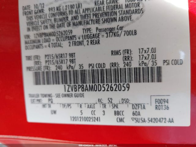 2013 FORD MUSTANG 1ZVBP8AM0D5262059 Photo 8