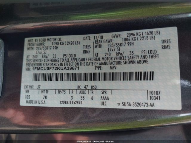 2019 FORD ESCAPE 1FMCU0F72KUA39671 Photo 8
