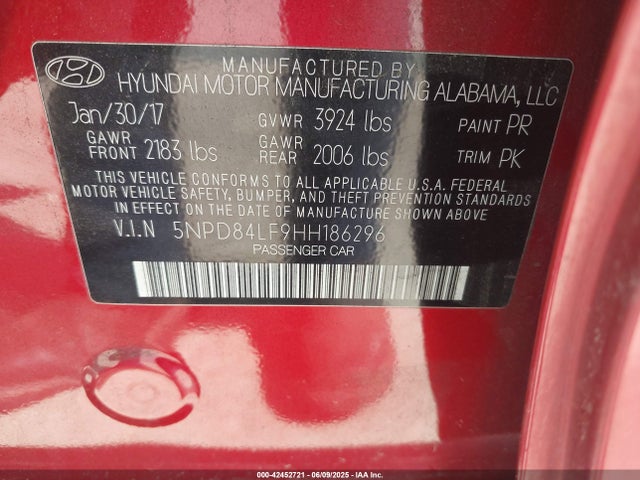 5NPD84LF9HH186296 Hyundai 2017