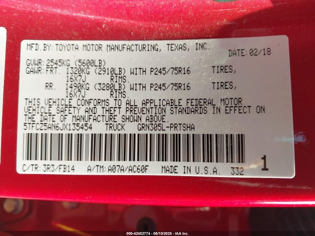5TFCZ5AN6JX135454 Toyota 2gr-fks