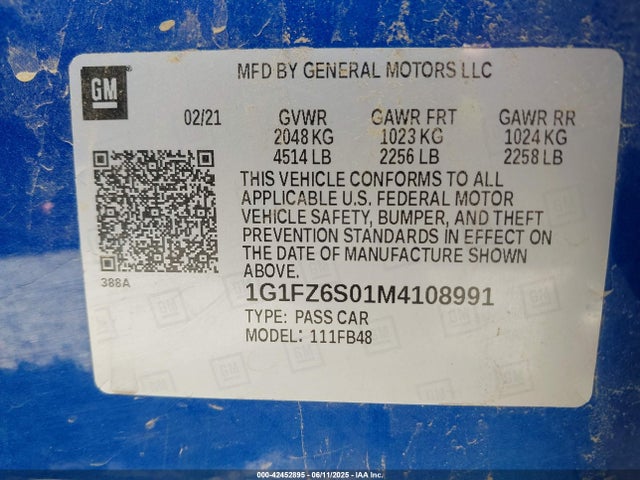 1G1FZ6S01M4108991 Chevrolet 2021