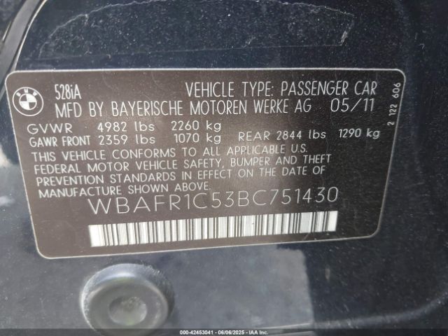 2011 BMW 528I WBAFR1C53BC751430 Photo 8