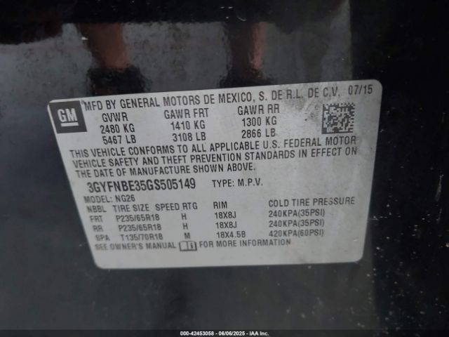 3GYFNBE35GS505149 Cadillac Srx Luxury Collection