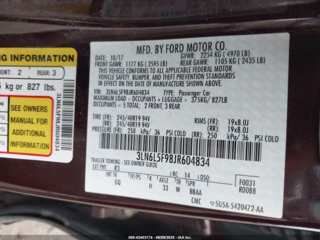 3LN6L5F98JR604834 Lincoln 2.0l gtdi high w/premium fuel