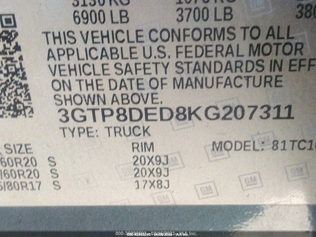 3GTP8DED8KG207311 GMC Sierra 1500 Slt
