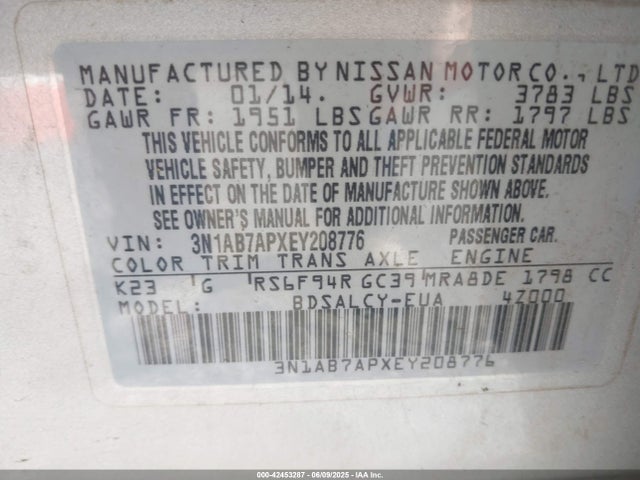 3N1AB7APXEY208776 Nissan SENTRA S