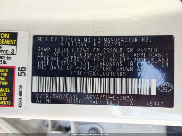 2020 TOYOTA CAMRY 4T1C11BK4LU010585 Photo 8