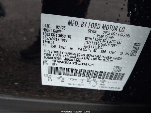 1FM5K8AB2SGB38725 Ford tivct