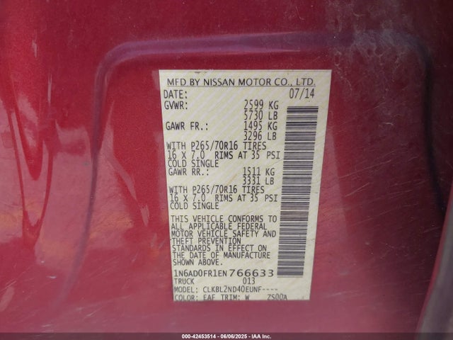 1N6AD0FR1EN766633 Nissan 2014