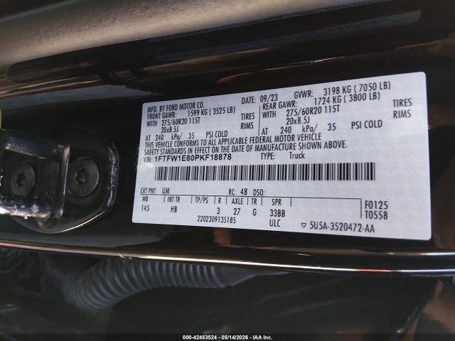 2023 Ford F-150 Lariat მანქანა იყიდება აუქციონზე, vin: 1FTFW1E80PKF18878, აუქციონის ნომერი: 42453524