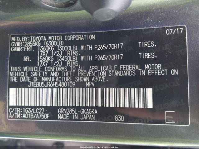 2017 TOYOTA 4RUNNER JTEBU5JR6H5480109 Photo 8
