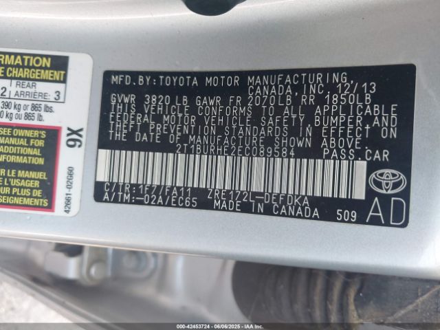 2T1BURHE2EC089584 Toyota COROLLA L