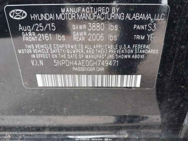 5NPDH4AE0GH749471 Hyundai dohc mpi nu