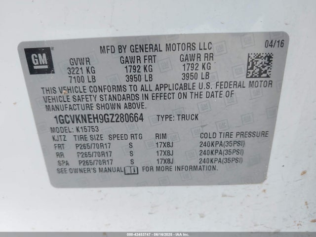 1GCVKNEH9GZ280664 Chevrolet lv3 - sidi, vvt, aluminum, e85 max