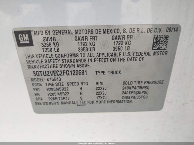 3GTU2VEC2FG129681 GMC l83 - vvt, active fuel management, aluminum