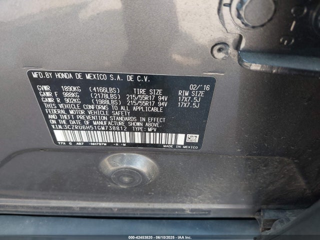 Продаж на аукціоні авто 2016 Honda Hr-v Ex, vin: 3CZRU6H51GM738812, номер лоту: 42453820