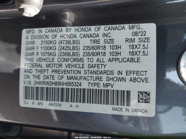 2HKRW2H89NH665324 Honda l15be