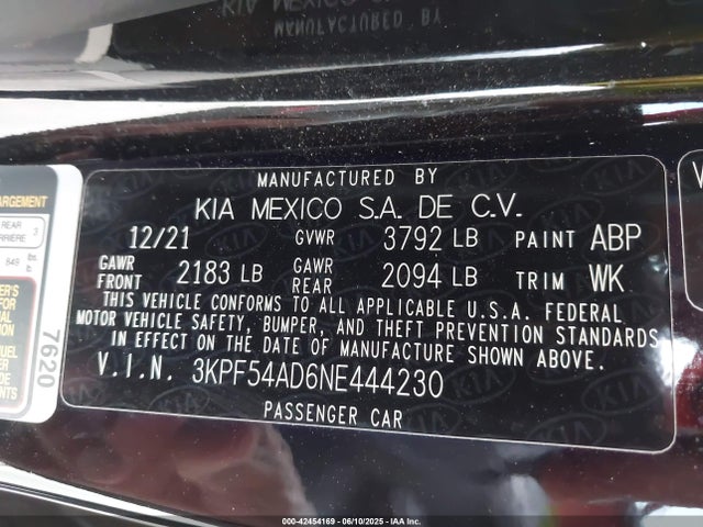 3KPF54AD6NE444230 KIA mpi nu