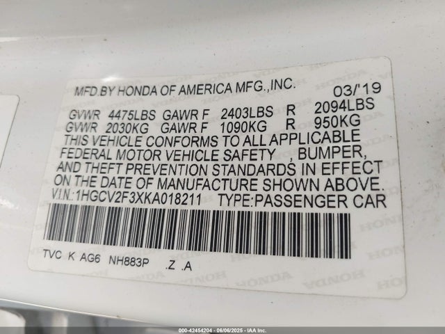 1HGCV2F3XKA018211 Honda k20c4