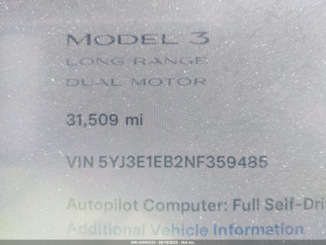 5YJ3E1EB2NF359485 Tesla Model 3 Long Range Dual Motor All-wheel Drive
