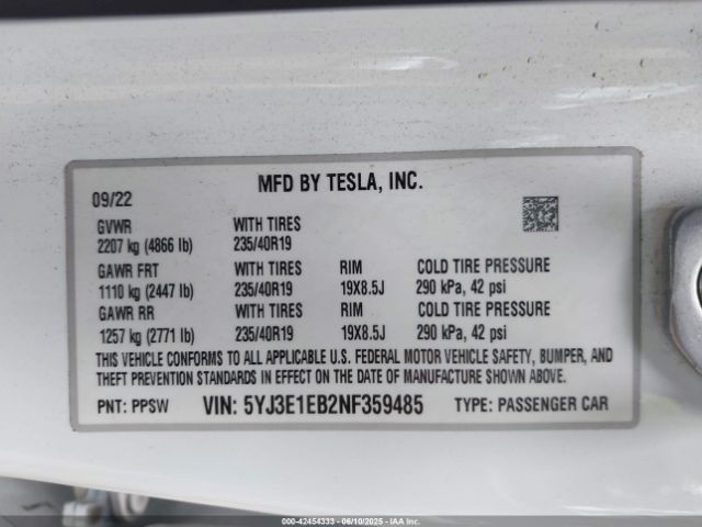 5YJ3E1EB2NF359485 Tesla Model 3 Long Range Dual Motor All-wheel Drive