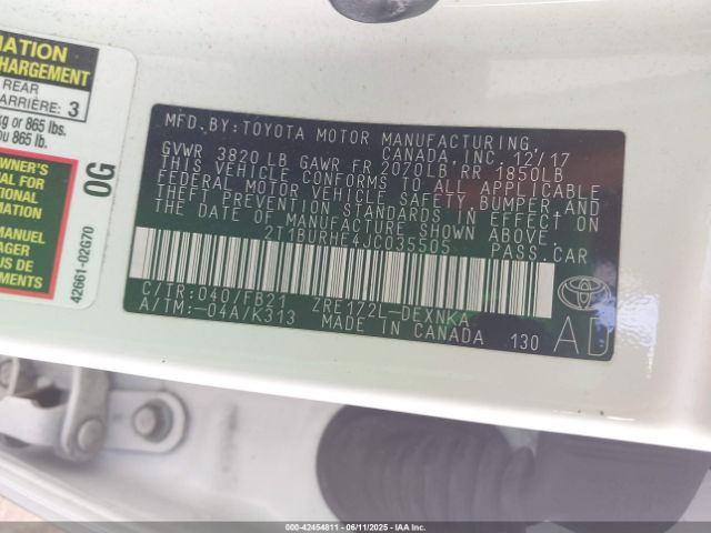 2018 TOYOTA COROLLA 2T1BURHE4JC035505 Photo 8