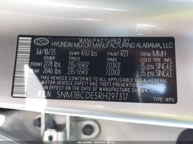 5NMJBCDE5RH297317 Hyundai TUCSON SEL