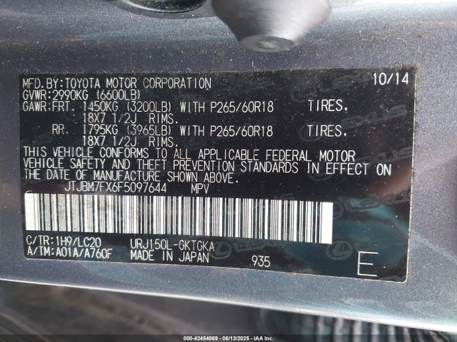 Lexus 1ur-fe 2015 JTJBM7FX6F5097644 Image 9