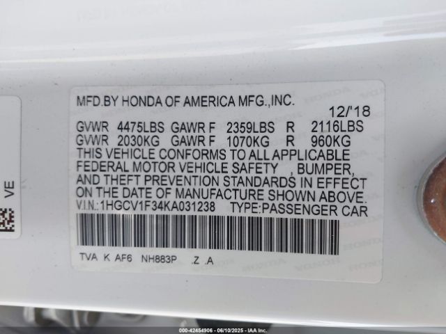 1HGCV1F34KA031238 Honda l15be