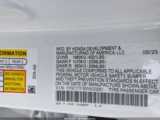 1HGCY1F30PA033261 Honda l15be