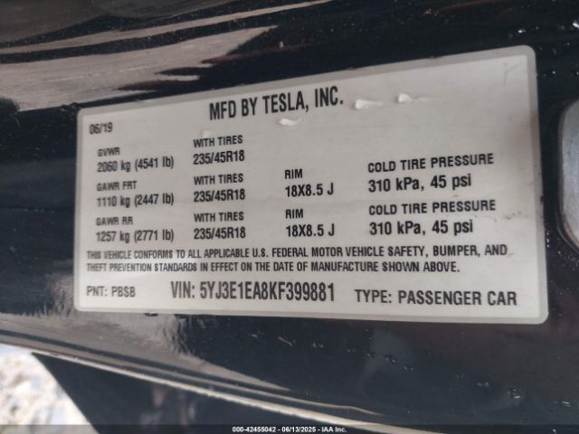 2019 TESLA MODEL 3 5YJ3E1EA8KF399881 Photo 8