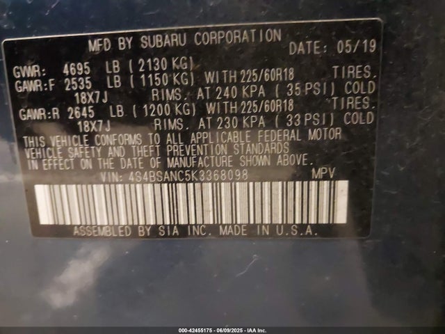 Subaru na u5 2019 4S4BSANC5K3368098 Image 9