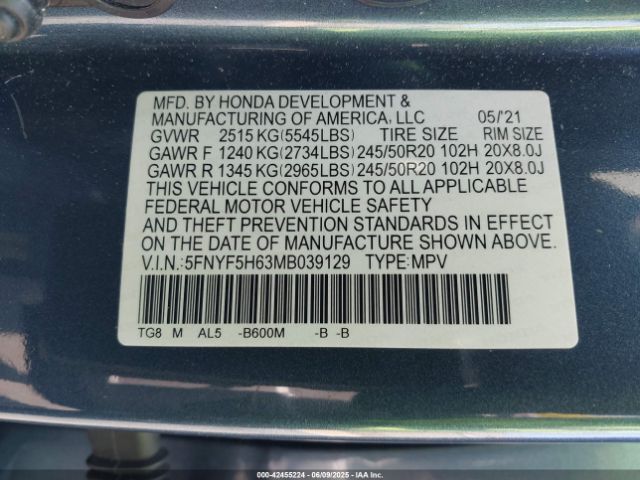 5FNYF5H63MB039129 Honda j35y6