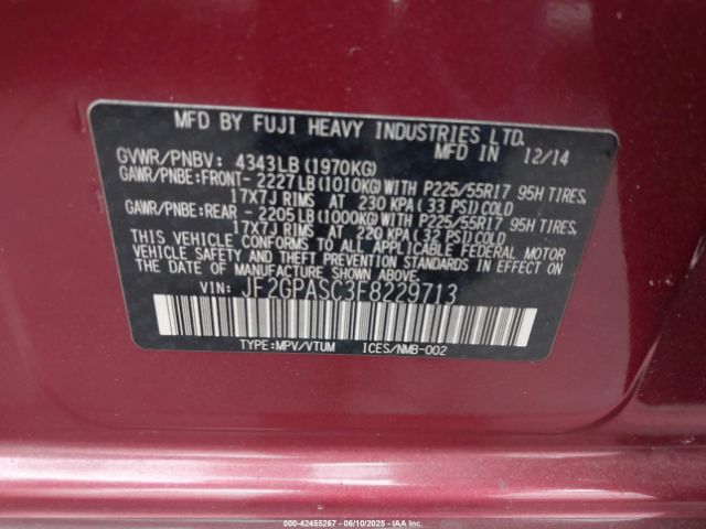 JF2GPASC3F8229713 Subaru 2.0l naturally aapirated