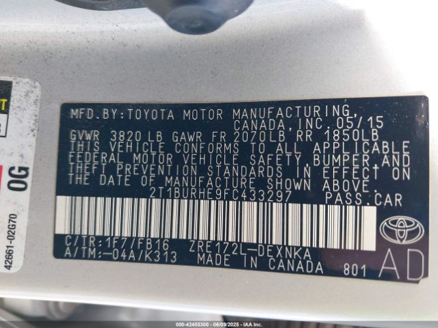 2T1BURHE9FC433297 Toyota COROLLA LE
