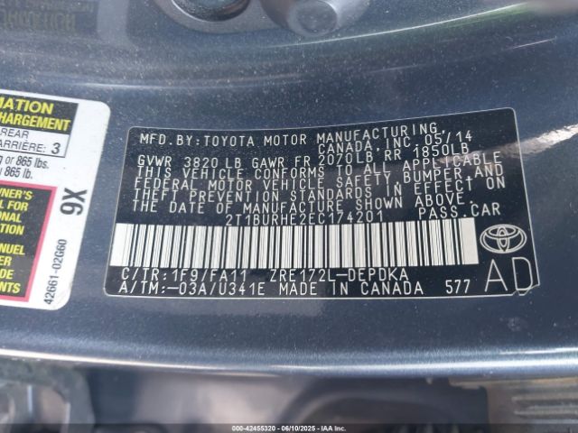 2T1BURHE2EC174201 Toyota COROLLA L