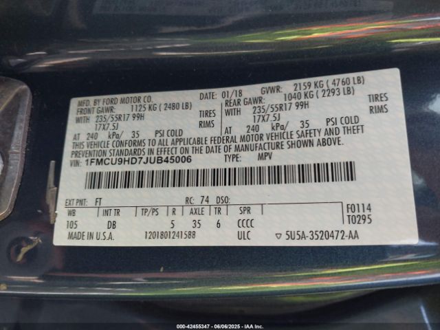 1FMCU9HD7JUB45006 Ford ESCAPE SEL