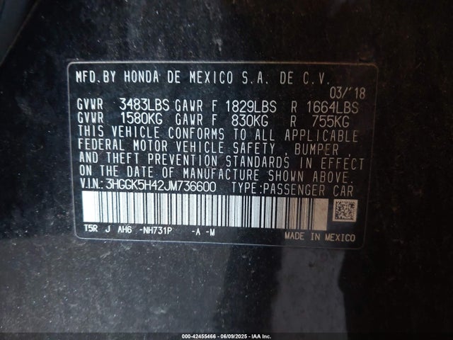 3HGGK5H42JM736600 Honda l15b1