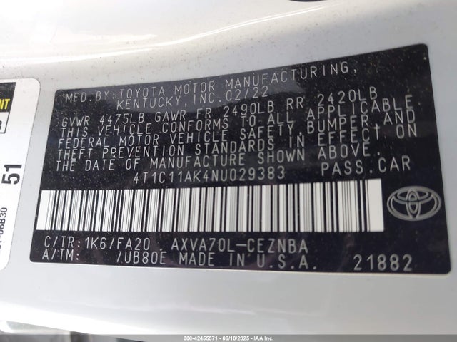 4T1C11AK4NU029383 Toyota a25a-fks