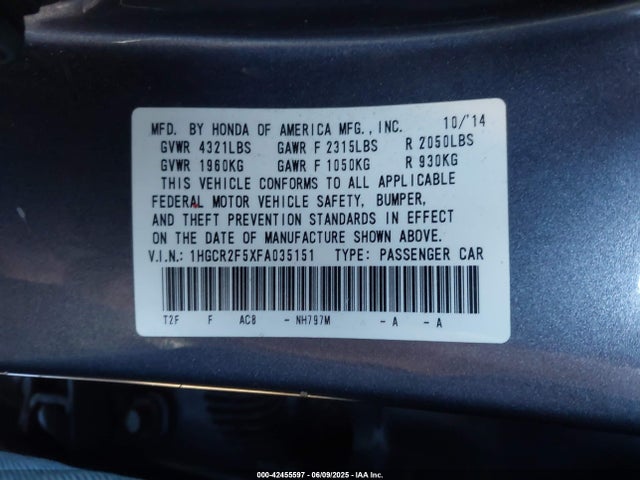 Honda k24w1 2015 1HGCR2F5XFA035151 Image 9