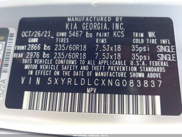 5XYRLDLCXNG083837 KIA gdi theta-iii