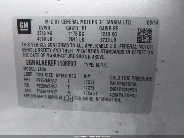 2GNALAEK9F1106690 Chevrolet lea - flex fuel (gas/alc), aluminum, ho,