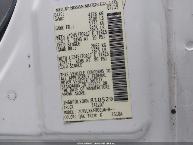 1N6BF0LY0KN810529 Nissan Nv Cargo Nv2500 Hd Sv V6