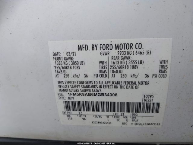 1FM5K8AB6MGB34308 Ford Police Interceptor