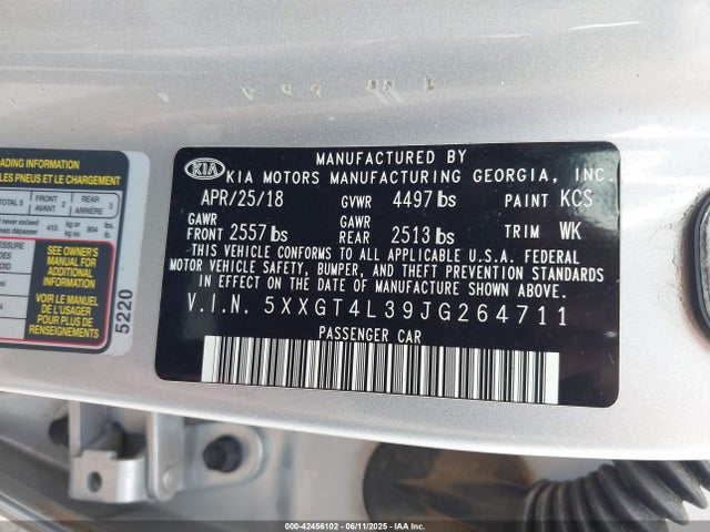 42456102 :رقم المزاد ، 5XXGT4L39JG264711 vin ، 2018 Kia Optima Lx مزاد بيع