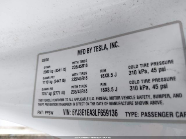 5YJ3E1EA3LF659136 Tesla 2020