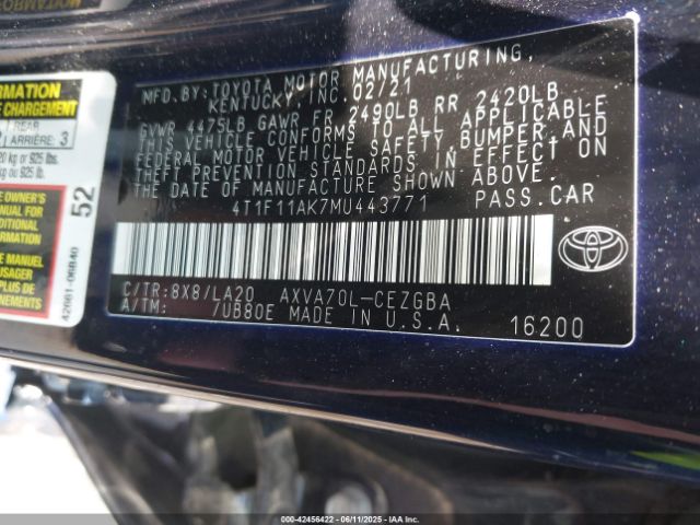 2021 TOYOTA CAMRY 4T1F11AK7MU443771 Photo 8